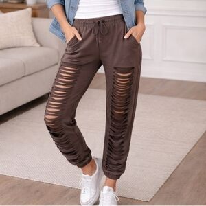 Vocal Laser cut Out gray distressed Grunge  draw string joggers made in USA sz L